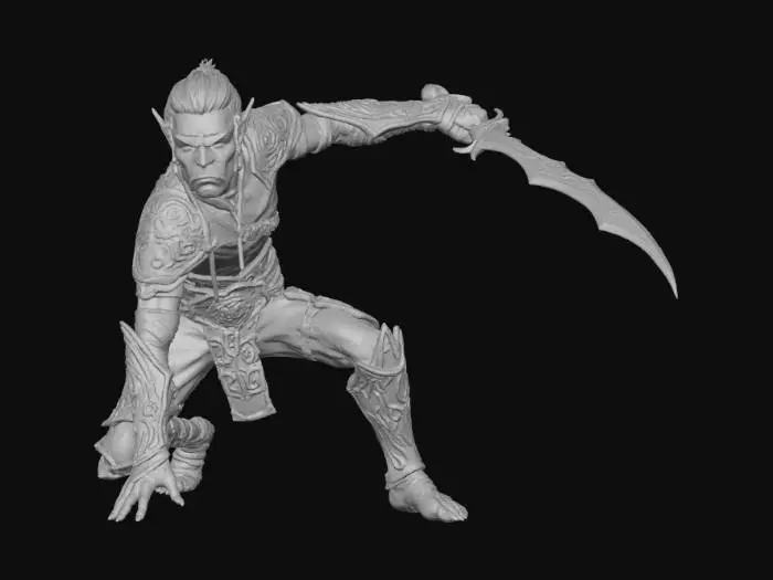 3D model for A male githyanki warrior in a 3 point hero pose with his sword outstretched ready to strike, his face has an expression of calm anger
