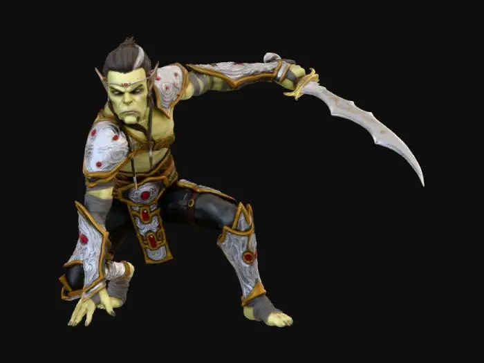 3D model for A male githyanki warrior in a 3 point hero pose with his sword outstretched ready to strike, his face has an expression of calm anger
