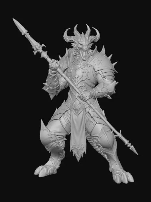 3D model for A nightmarish amethyst dragonborn paladin in heavy plate armor roaring , his face looks undead and nightmarish, instilling fear in his enemies, he holds in his hands an intimidating bladed glaive, he has a crystalline tail and jagged crystalline horns