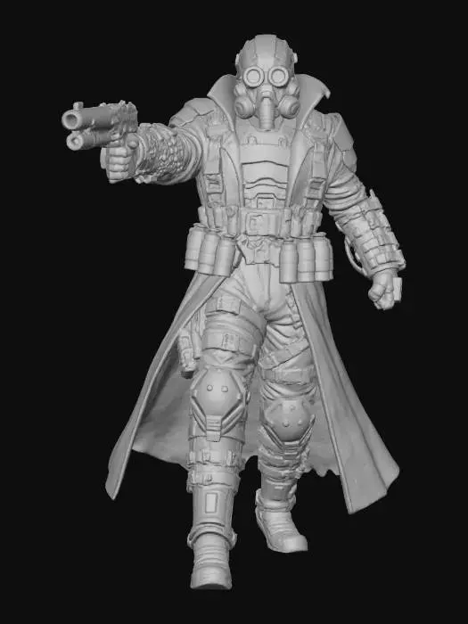 3D model for An intimidating emotionless robot warrior clad head to toe in dark metal armor and a leather coat, across his chest and waist are belts with grenades. on his right wrists a gun barrel emerges from the mechanics of his arm, on the left arm a flamethrower nozzle extends from his outstretched palm. He is standing upright in a combat pose ready to fire without mercy