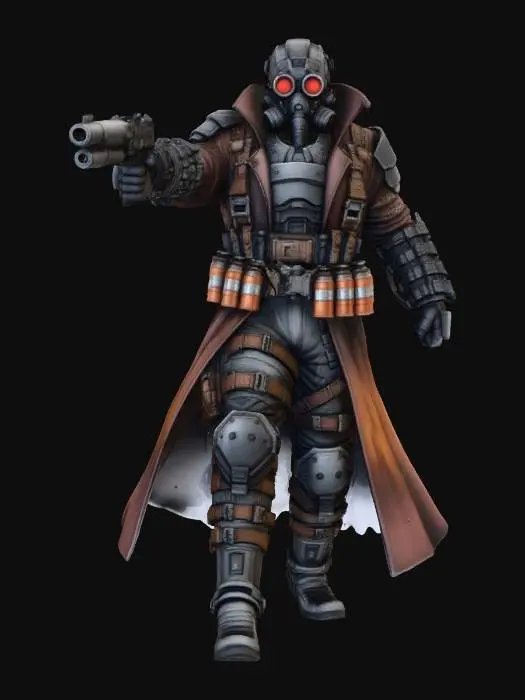 3D model for An intimidating emotionless robot warrior clad head to toe in dark metal armor and a leather coat, across his chest and waist are belts with grenades. on his right wrists a gun barrel emerges from the mechanics of his arm, on the left arm a flamethrower nozzle extends from his outstretched palm. He is standing upright in a combat pose ready to fire without mercy