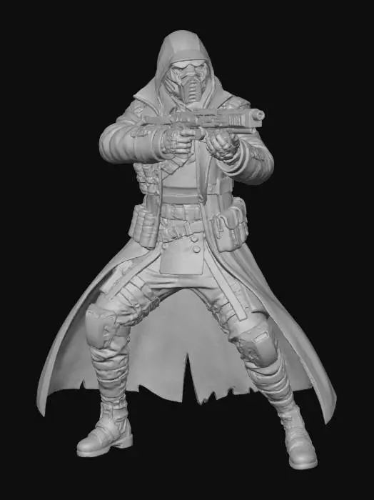 3D model for An intimidating robot warrior clad head to toe in dark metal armor and a leather coat, across his chest and waist are belts with grenades. on his wrists are built in guns. He is standing in a combat pose ready to fire