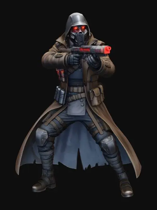 3D model for An intimidating robot warrior clad head to toe in dark metal armor and a leather coat, across his chest and waist are belts with grenades. on his wrists are built in guns. He is standing in a combat pose ready to fire
