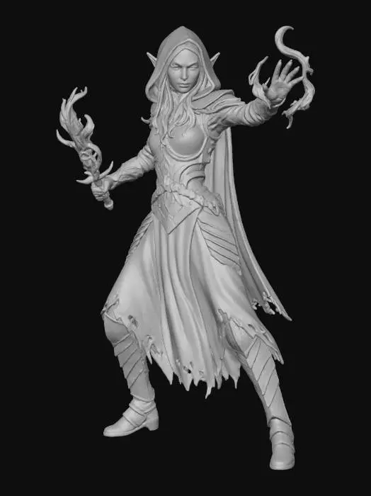 3D model for A full body character portrait beautiful elven sorceress rogue in hooded dress wearing leather armor over top standing in an action pose with a  smokey shadowy dagger in her left hand with her right hand stretched out palm open
