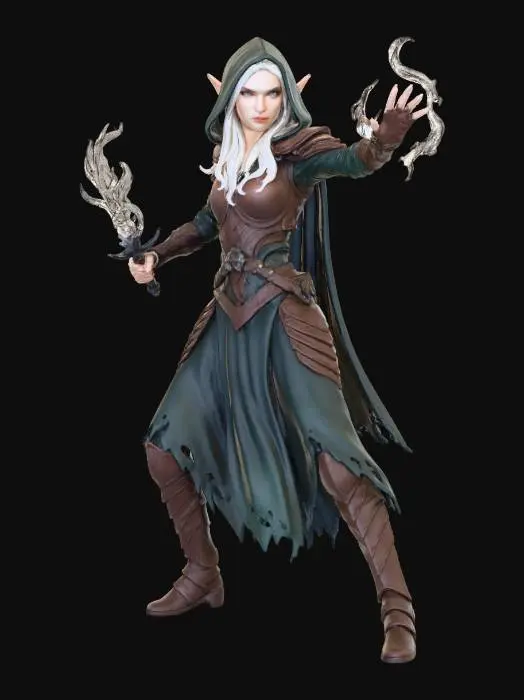 3D model for A full body character portrait beautiful elven sorceress rogue in hooded dress wearing leather armor over top standing in an action pose with a  smokey shadowy dagger in her left hand with her right hand stretched out palm open