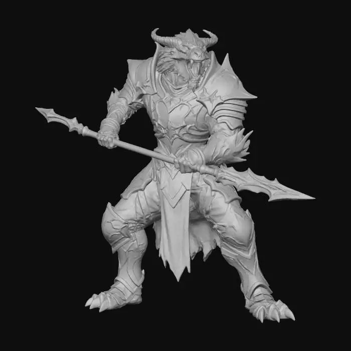3D model for A nightmarish amethyst dragonborn paladin in heavy plate armor roaring , his face looks undead and nightmarish, instilling fear in his enemies, he holds in his hands an intimidating bladed glaive