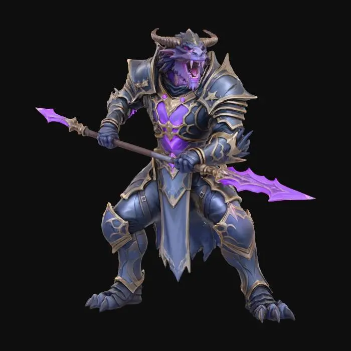 3D model for A nightmarish amethyst dragonborn paladin in heavy plate armor roaring , his face looks undead and nightmarish, instilling fear in his enemies, he holds in his hands an intimidating bladed glaive