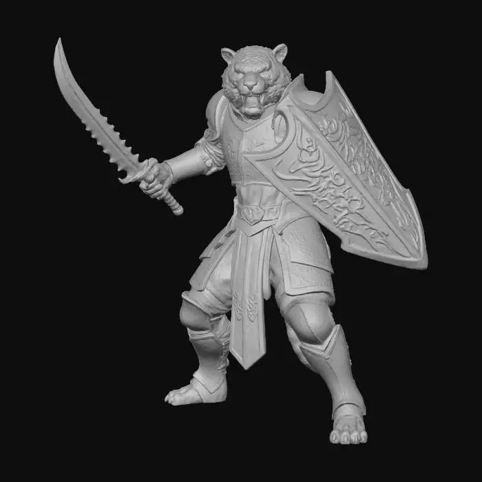 3D model for A humanoid tiger warrior prince in regal plate armor with an ornate shield and intimidating serrated sword in a battle ready stance