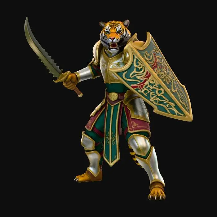 3D model for A humanoid tiger warrior prince in regal plate armor with an ornate shield and intimidating serrated sword in a battle ready stance