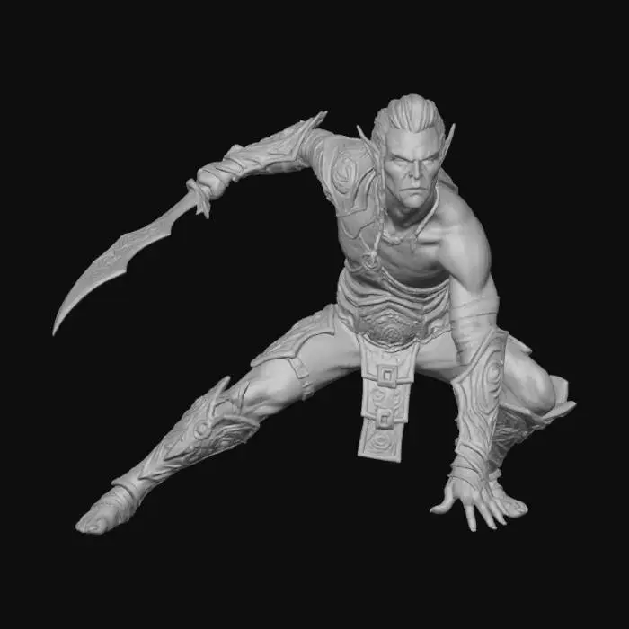 3D model for A male githyanki warrior in a 3 point hero pose with his sword outstretched ready to strike, his face has an expression of calm anger