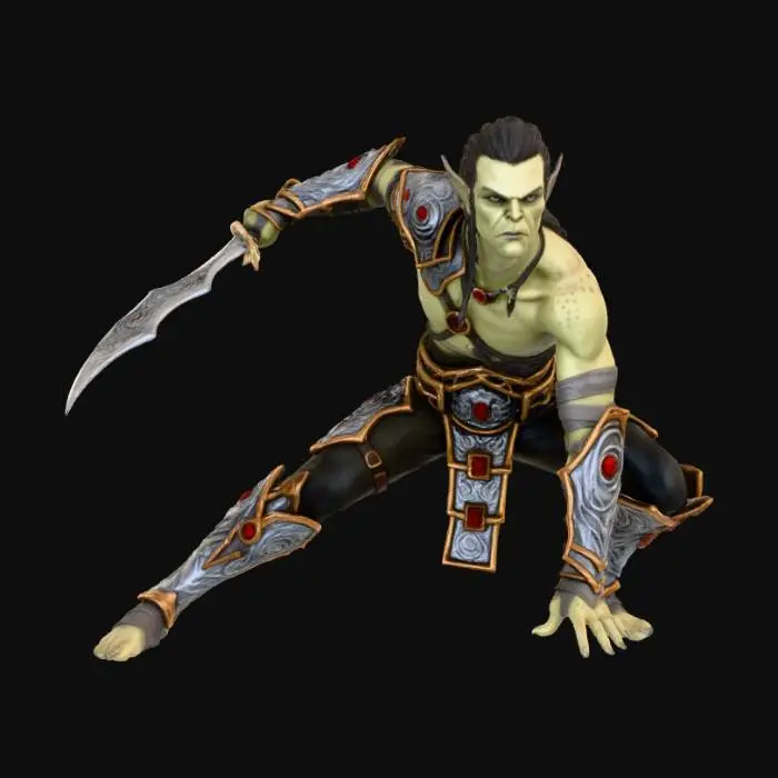 3D model for A male githyanki warrior in a 3 point hero pose with his sword outstretched ready to strike, his face has an expression of calm anger