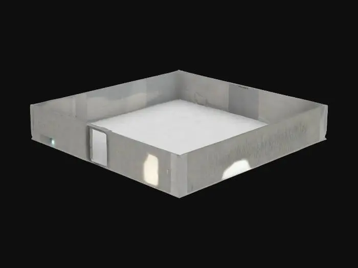 3D model for #valentine#, Surreal life-like realistic 3d  double-wide trailer house with only two doors, with one window in the far back of the room against the back wall and one closet door against the right wall by the front end of the room towards the right,  one main door on the right front wall and wall behind camera view with no windows, there is a single window and a hard wood floor and plastered ceiling, and white wall panneling the room is 38" width by 78" wide by 6 feet height by 24" depth