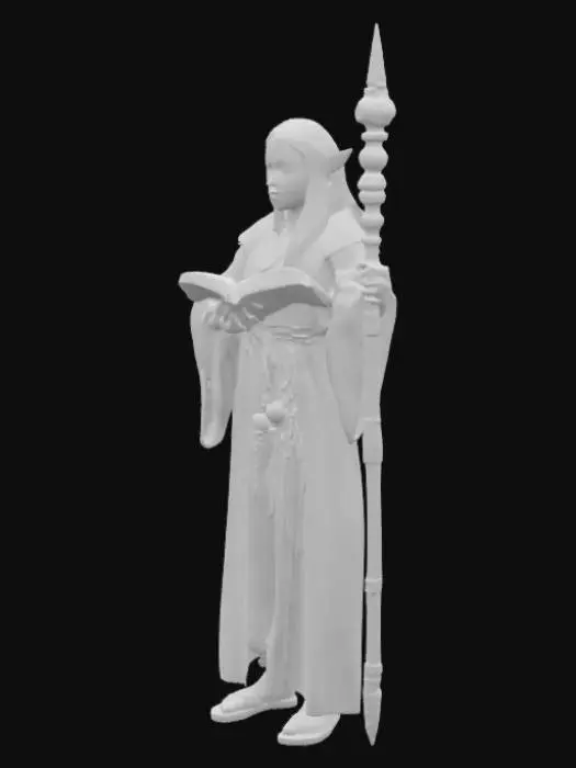 3D model for Olive green-skinned Elf Wizard, Long White Robe, White sandals, white, wood staff with orb at the end in one hand, Spell Tome in his other hand. 
