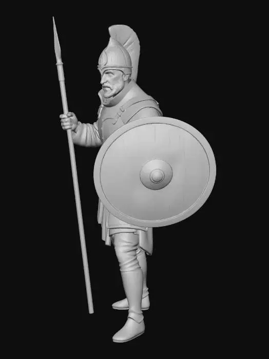 3D model for A highly realistic 3D model of a medieval European spearman, in a precise A-pose. Outfitted with a thick padded gambeson, an iron nasal helmet with visible rivets, and worn leather boots. He holds a tall wooden spear with a hand-forged iron tip, and a round wooden shield. The character is standing on a rugged, physically sculpted 3D terrain base. The ground geometry must be highly uneven, featuring physically modeled 3D rocks, raised dirt mounds, and volumetric roots. Do not use a flat cylindrical pedestal. Natural lighting, high detail, 4k PBR. Symmetrical stance