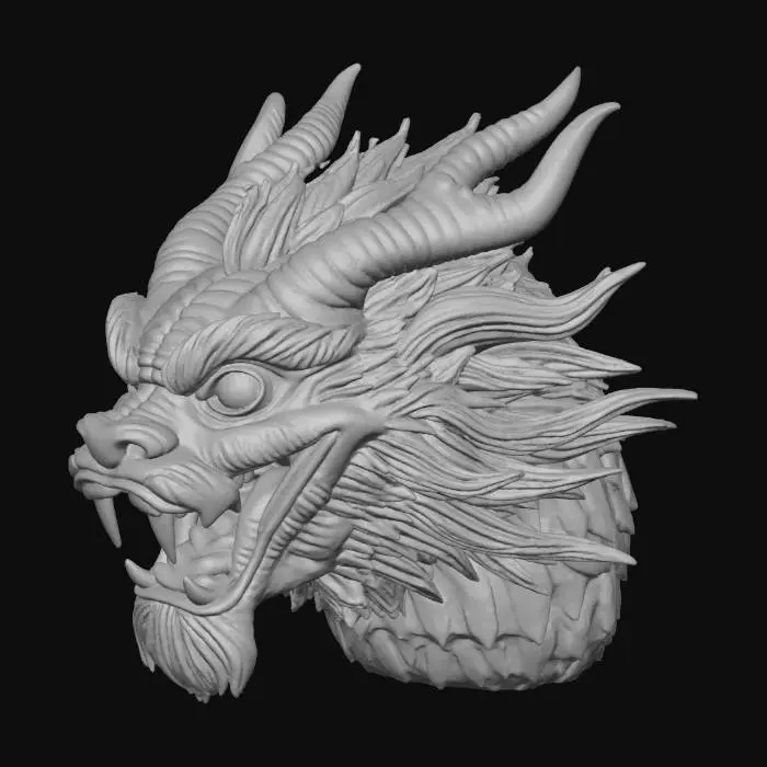 3D model for 一个写实风中国风龙头，威武的龙角，瘦长的龙嘴，锋利的龙牙