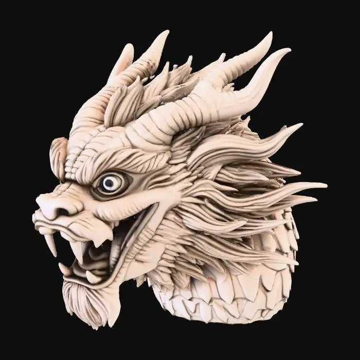 3D model for 一个写实风中国风龙头，威武的龙角，瘦长的龙嘴，锋利的龙牙