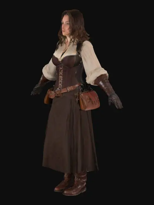 3D model for Woman with medium-length brown hair and brown eyes. Slightly rounded face with soft features, slender build. Wearing Victorian/medieval-inspired adventurer's garb with overbust strapped corset, long skirts, and leather straps across the chest for carrying tools and weapons. Her boots are tall, sturdy, with decorative buckles. Wears leather gloves and leather satchels. She stands in a T-Pose. She has a light, rugged complexion with a small freckles on her cheekbone giving her a sun kissed look. 