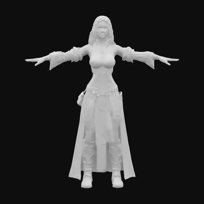 3D model for Woman with medium-length brown hair and brown eyes. Slightly rounded face with soft features, slender build. Wearing Victorian/medieval-inspired adventurer's garb with overbust strapped corset, long skirts, and leather straps across the chest for carrying tools and weapons. Her boots are tall, sturdy, with decorative buckles. Wears leather gloves and leather satchels. She stands in a T-Pose. She has a light, rugged complexion with a small freckles on her cheekbone giving her a sun kissed look. 