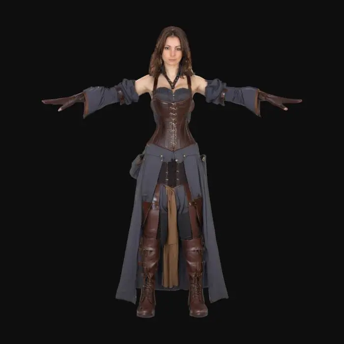3D model for Woman with medium-length brown hair and brown eyes. Slightly rounded face with soft features, slender build. Wearing Victorian/medieval-inspired adventurer's garb with overbust strapped corset, long skirts, and leather straps across the chest for carrying tools and weapons. Her boots are tall, sturdy, with decorative buckles. Wears leather gloves and leather satchels. She stands in a T-Pose. She has a light, rugged complexion with a small freckles on her cheekbone giving her a sun kissed look. 