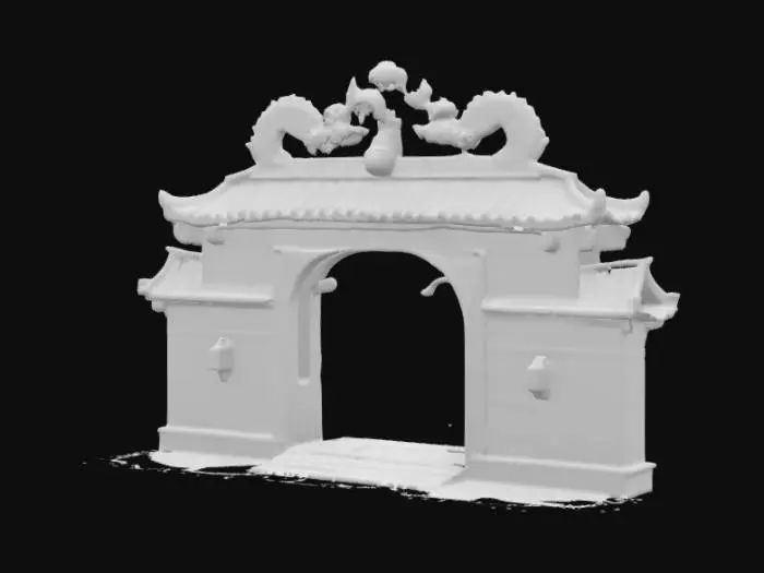 3D model for #arch#, an entrance arch made of dragon scales, curvy, Asian style, dragon head on the top of the arch, Torii gate, red color, vivid, majestic, royal, divine