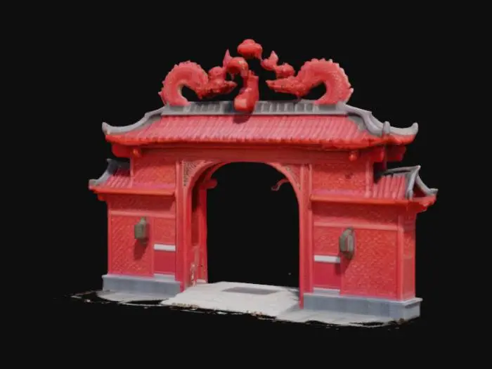 3D model for #arch#, an entrance arch made of dragon scales, curvy, Asian style, dragon head on the top of the arch, Torii gate, red color, vivid, majestic, royal, divine