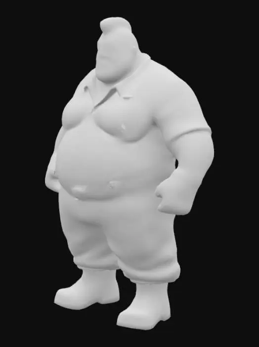 3D model for Um homem gordo e largo com uma barriga grande. Usando suspensórios ajustáveis, regata, luvas e bota, calça cargo. Cabelo estilo moicano curto e sem barba no rosto. Braços fortes. Detalhado. Punhos fechados. Bravo.