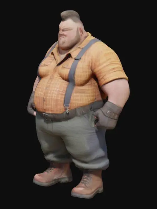 3D model for Um homem gordo e largo com uma barriga grande. Usando suspensórios ajustáveis, regata, luvas e bota, calça cargo. Cabelo estilo moicano curto e sem barba no rosto. Braços fortes. Detalhado. Punhos fechados. Bravo.