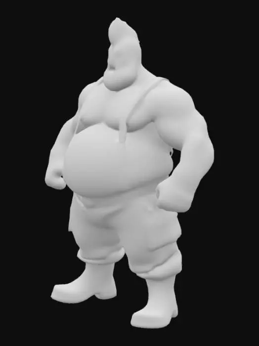 3D model for Um homem gordo e largo com uma barriga grande. Usando suspensórios ajustáveis, regata, luvas e bota, calça cargo. Cabelo estilo moicano baixo. Braços fortes. Detalhado. Punhos fechados. Bravo.