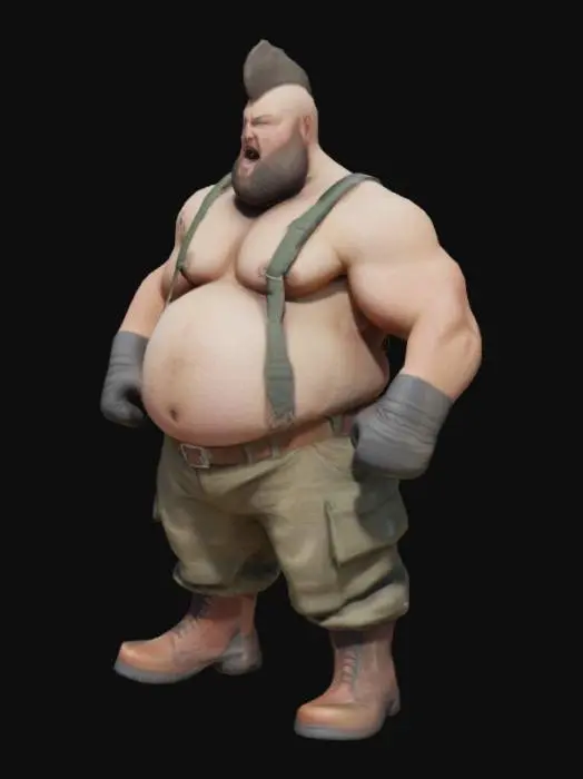 3D model for Um homem gordo e largo com uma barriga grande. Usando suspensórios ajustáveis, regata, luvas e bota, calça cargo. Cabelo estilo moicano baixo. Braços fortes. Detalhado. Punhos fechados. Bravo.