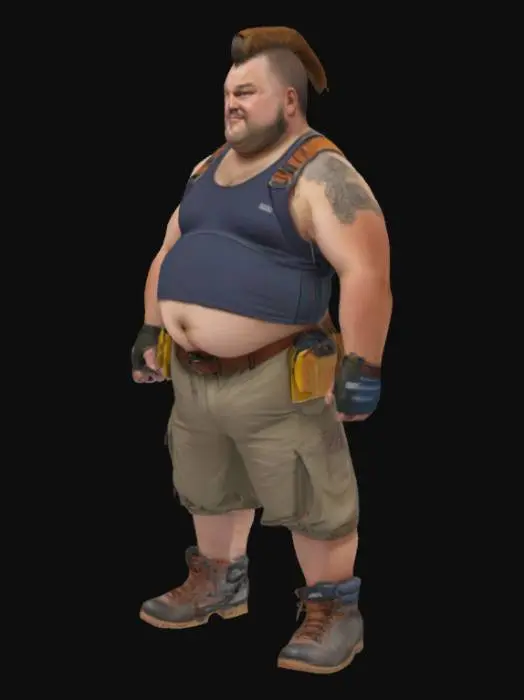 3D model for Um homem gordo com uma barriga grande. Usando suspensórios ajustáveis, regata tank top, luvas e bota. Cabelo estilo moicano. Braços fortes. Detalhado. Punhos fechados. Bravo.