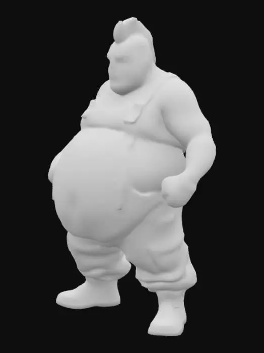 3D model for A fat, broad man with a big belly. Wearing adjustable suspenders, a tank top, gloves and boots, cargo pants. Short mohawk hair. No beard on his face. Strong arms. Detailed. Clenched fists. Angry.