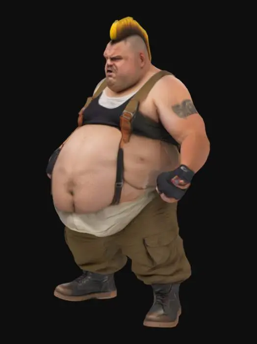 3D model for A fat, broad man with a big belly. Wearing adjustable suspenders, a tank top, gloves and boots, cargo pants. Short mohawk hair. No beard on his face. Strong arms. Detailed. Clenched fists. Angry.