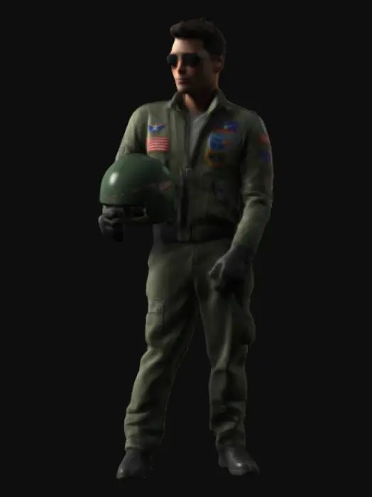 3D model for Ultra-detailed and realistic 3D model of a Top Gun-style aviator, male, early 30s, athletic build. Wears a green flight suit with authentic military patches, zip details, and utility straps. Aviator sunglasses, short clean haircut, confident facial expression. Holds a flight helmet under one arm, gloves tucked in belt. Standing in a cinematic pose. Emphasis on realistic fabric folds, stitching, and weathered textures. 8K PBR textures, clean UVs, watertight mesh, game-ready and optimized for animation.