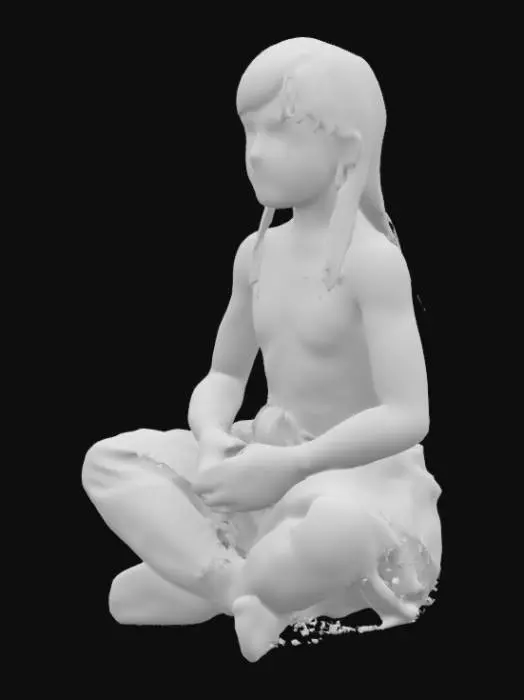 3D model for Indigenous boy sitting cross-legged, wearing traditional leather pants, shirtless, layered hair, adorned with delicate tribal patterns, hyper-detailed, realistic, intricate textures, innocent expression, contemplating, earthy tones, and warm sunlight