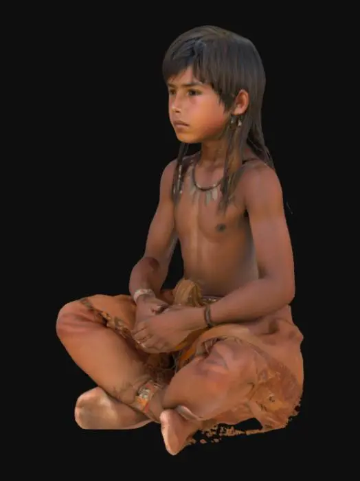 3D model for Indigenous boy sitting cross-legged, wearing traditional leather pants, shirtless, layered hair, adorned with delicate tribal patterns, hyper-detailed, realistic, intricate textures, innocent expression, contemplating, earthy tones, and warm sunlight