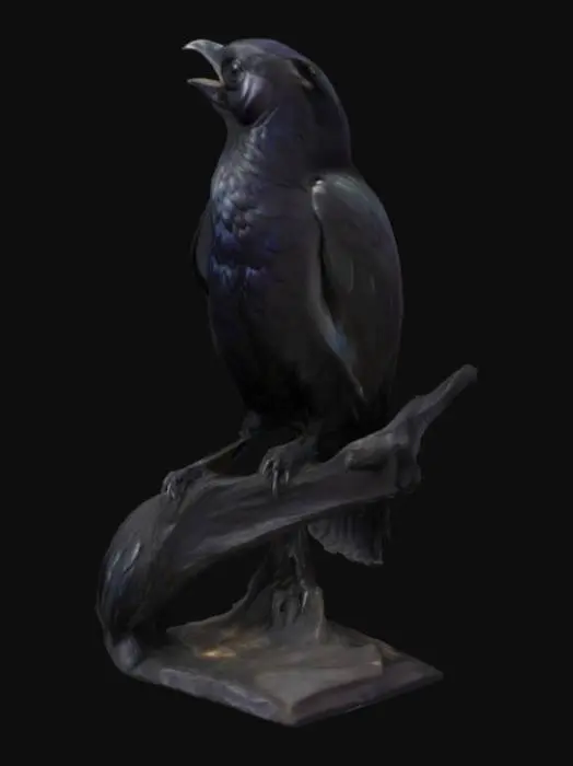 3D model for Full body portrait of a crow opening its beak, by Inio Asano, hyperdetailed, photorealistic, trending on Artstation, volumetric light, black and white, ink art, manga, sharp focus, dark, intricate, scary
