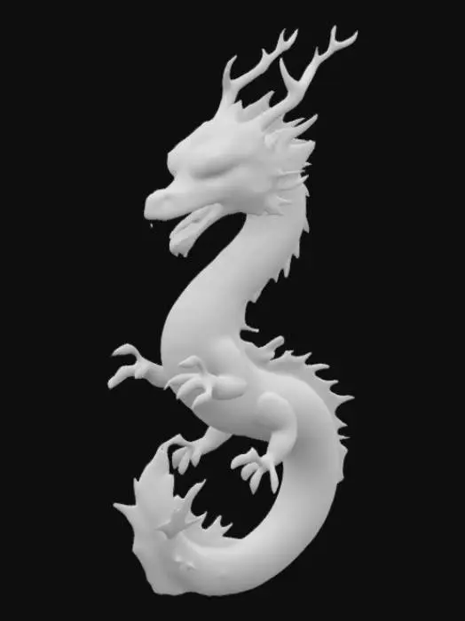 3D model for A stencil of a mythical Eastern dragon with a long, serpentine body covered in deep teal-green matte scales that possess a subtly reflective, reptilian texture. Its underbelly is smooth and a contrasting light peach color. The dragon has a large head with piercing red eyes, an open mouth revealing sharp teeth and a red tongue, and a wild, spiky mane of teal hair. Four clawed limbs with sharp, white talons grip its coiled body, which is partially enveloped by swirling, volumetric light blue-grey clouds with soft, organic textures. Green fin-like structures protrude along its back and tail.