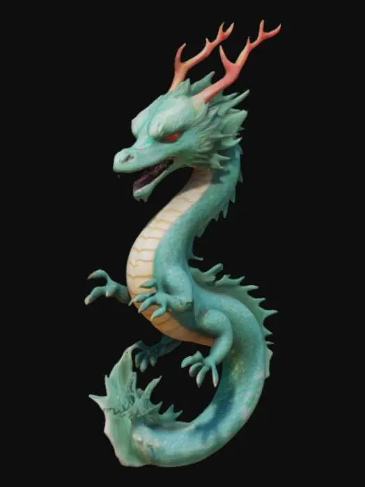 3D model for A stencil of a mythical Eastern dragon with a long, serpentine body covered in deep teal-green matte scales that possess a subtly reflective, reptilian texture. Its underbelly is smooth and a contrasting light peach color. The dragon has a large head with piercing red eyes, an open mouth revealing sharp teeth and a red tongue, and a wild, spiky mane of teal hair. Four clawed limbs with sharp, white talons grip its coiled body, which is partially enveloped by swirling, volumetric light blue-grey clouds with soft, organic textures. Green fin-like structures protrude along its back and tail.