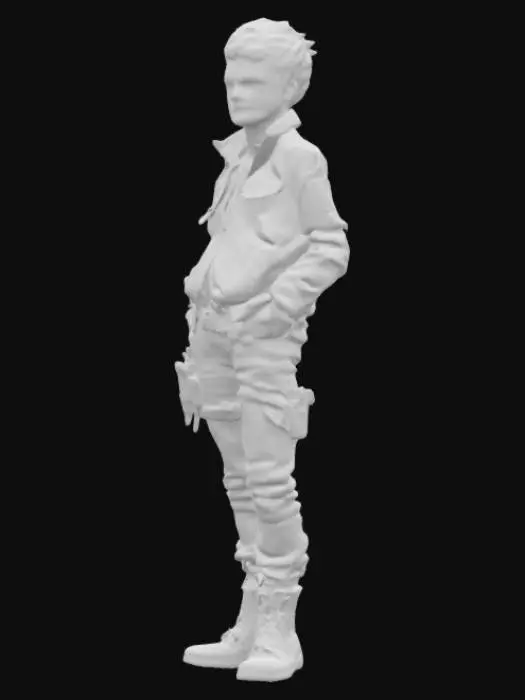3D model for Tetsuo Shima from Akira, before his transformation. He is a teenage biker and mechanic in a post-apocalyptic cyberpunk Tokyo. The minifigure wears a light blue worn jacket, light blue biker pants, and heavy boots. He has buzz cut black hair, large forehead, and his expression is defiant and slightly insecure. Include mechanical tools at his waist (like a wrench or screwdriver) to reflect his role as a mechanic. The figure should have a sleek but gritty design, cyberpunk-themed details, and human proportions