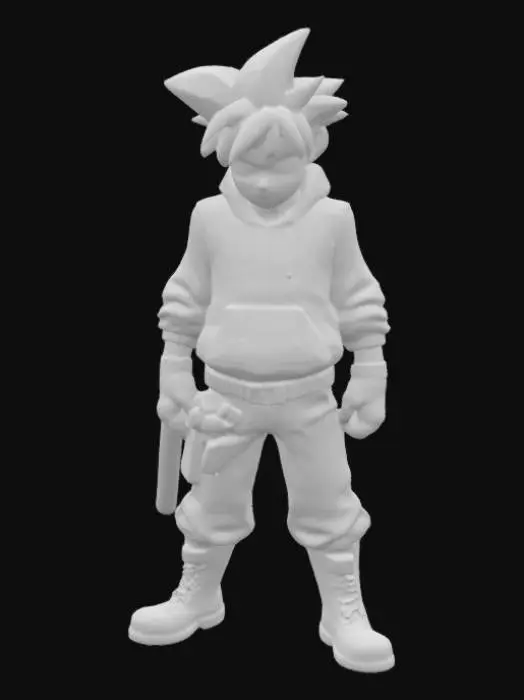 3D model for Tetsuo Shima from Akira, before his transformation. He is a teenage biker and mechanic in a post-apocalyptic cyberpunk Tokyo. The minifigure wears a light blue worn hoodie, gray biker pants, and heavy boots. He has buzz cut messy and slightly spiky black hair, big forehead, and his expression is defiant and slightly insecure. His forehead is completely exposed, which enhances the impression of a large, prominent forehead. Include mechanical tools at his waist (like a wrench or screwdriver) to reflect his role as a mechanic. The figure should have a sleek but gritty design, cyberpunk-themed details, and human proportions