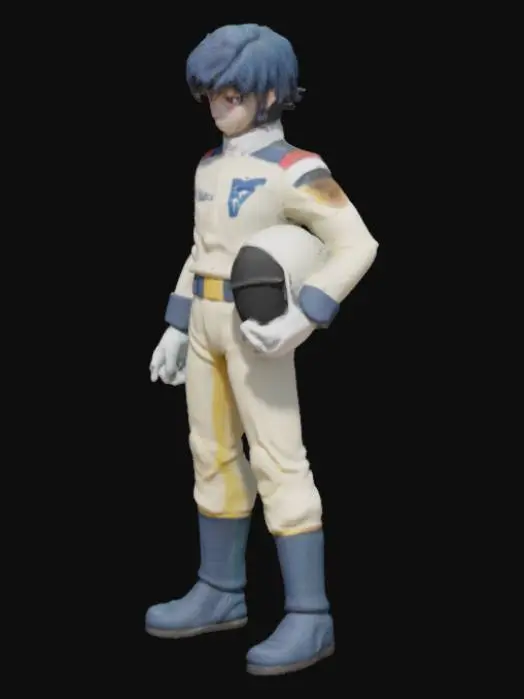 3D model for A stylized miniature figure of Kamille Bidan from Mobile Suit Zeta Gundam, wearing his full AEUG pilot suit. The suit is sleek and form-fitting, primarily white with dark blue and red accents, and includes a high collar and panel details. Kamille has short, messy dark blue hair and a serious, determined facial expression. He is holding his pilot helmet under one arm — the helmet is round, futuristic, and matches the suit's color scheme (mainly white with a tinted visor). The figure is in a neutral standing pose, with realistic proportions but simplified into a collectible sci-fi minifigure style (similar to Gundam Converge or Gashapon aesthetics). Add subtle detailing like utility belt clips or tubing on the suit to emphasize functionality