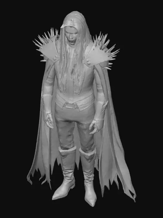 3D model for A sleek and slim, tall, vampire with long hair, villainous long face, evil style. Wearing a long cape, shoulder pads with spikes, has an evil smile. Inspired by Castlevania and Vampire Hunter. , #villain#