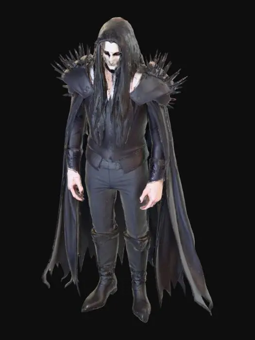 3D model for A sleek and slim, tall, vampire with long hair, villainous long face, evil style. Wearing a long cape, shoulder pads with spikes, has an evil smile. Inspired by Castlevania and Vampire Hunter. , #villain#