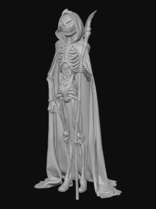 3D model for JACK O'LANTERN in a Tim Burton' style, fire in his pumpkin head, long scythe on his hand, scary, frightful,  long cape, haunting pose, detailed, #Halloween2025#