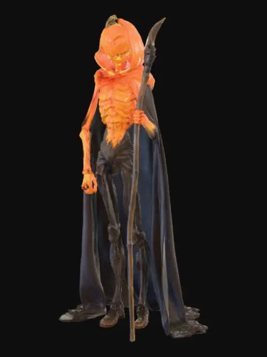 3D model for JACK O'LANTERN in a Tim Burton' style, fire in his pumpkin head, long scythe on his hand, scary, frightful,  long cape, haunting pose, detailed, #Halloween2025#