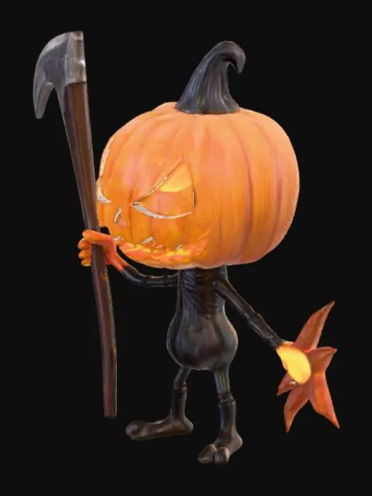 3D model for JACK O'LANTERN in a Tim Burton' style, fire in his pumpkin head, long scythe on his hand, scary, frightful, haunting pose, detailed, like Ghost Rider #Halloween2025#