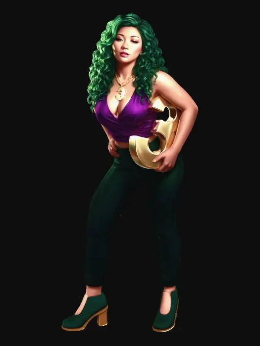 3D model for A voluptuous Asian woman with long, curly green hair and a low-cut purple top, wearing a necklace with a large, shiny number "3" pendant. She is holding a big, shiny number "3" and posing beside it. Hyperdetailed, intricate digital painting with vibrant, dramatic lighting emphasizing rich textures and a glamorous atmosphere, inspired by the fantastical and highly detailed aesthetic of Luis Royo and Boris Vallejo. Cinematic lighting.