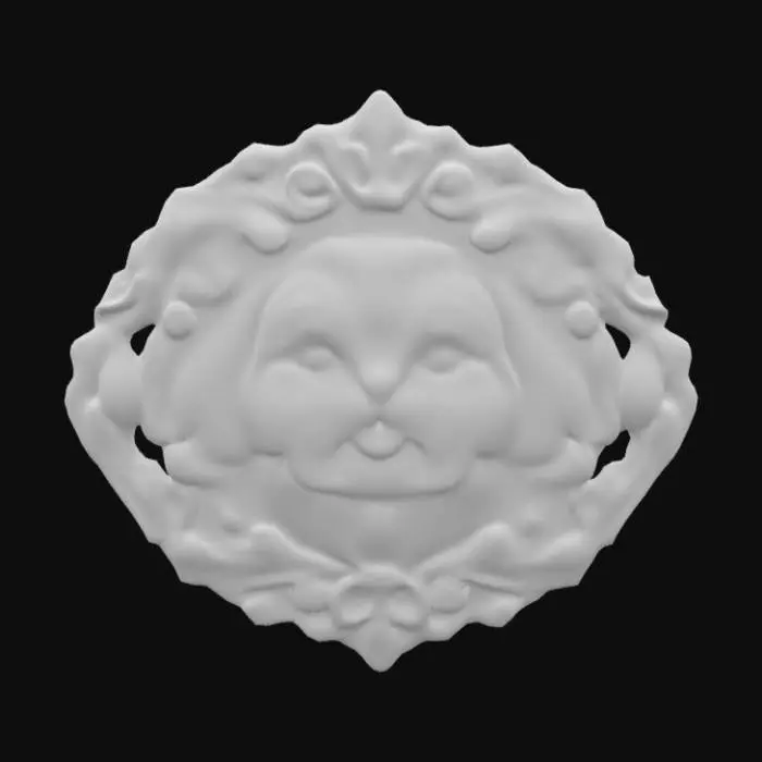3D model for a 3D model of a Shih-Tzu head, like a CNC carving. Intricate detailing, especially around the eyes, nose, and mouth. Cute, with flowing lines suggesting movement and power. A symmetrical design. Surrounded by a circular frame. On top, the word LOVE #emblem#