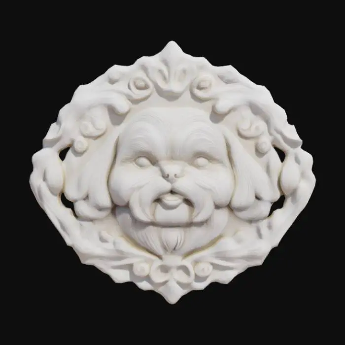 3D model for a 3D model of a Shih-Tzu head, like a CNC carving. Intricate detailing, especially around the eyes, nose, and mouth. Cute, with flowing lines suggesting movement and power. A symmetrical design. Surrounded by a circular frame. On top, the word LOVE #emblem#