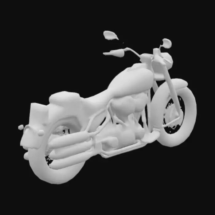 3D model for A Harley-Davidson motorcycle Fat Boy model with a big turbo exhaust on both sides, symmetrical, intricate, detailed, chromatic